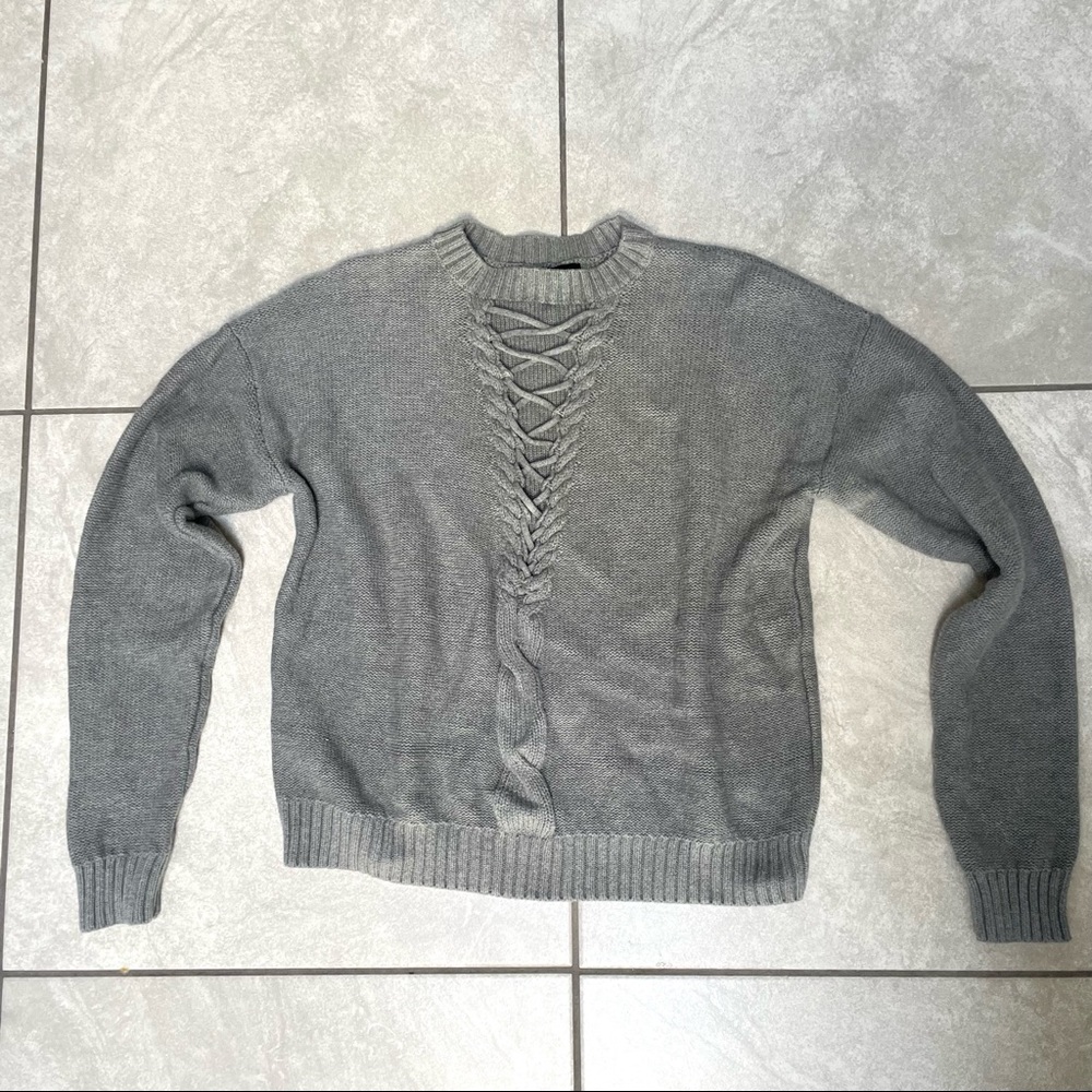 trendy lace up front grey sweater by DO+BE